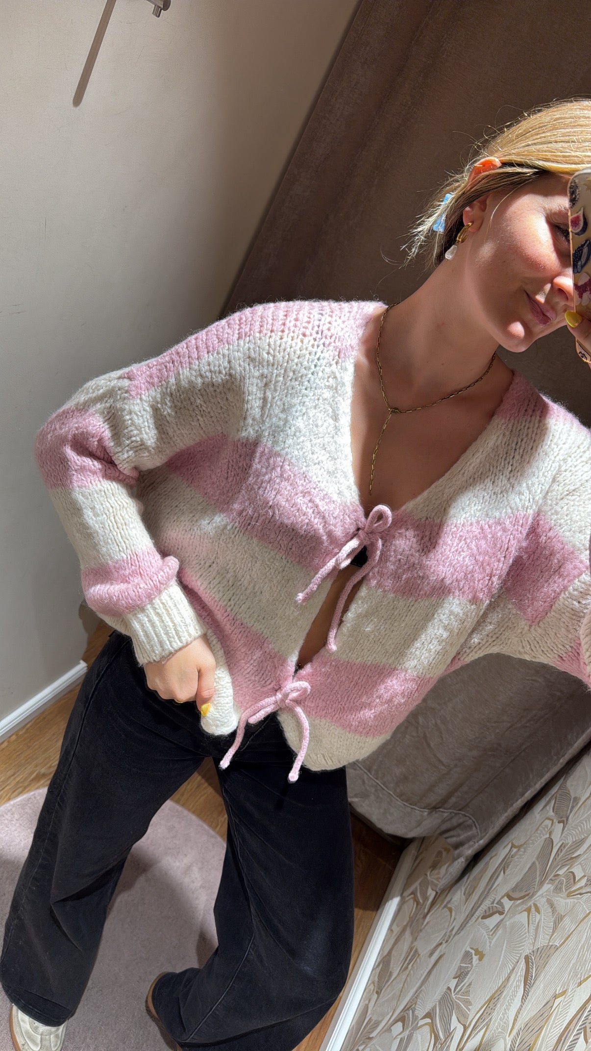 Schleifencardigan mit Streifen rosa