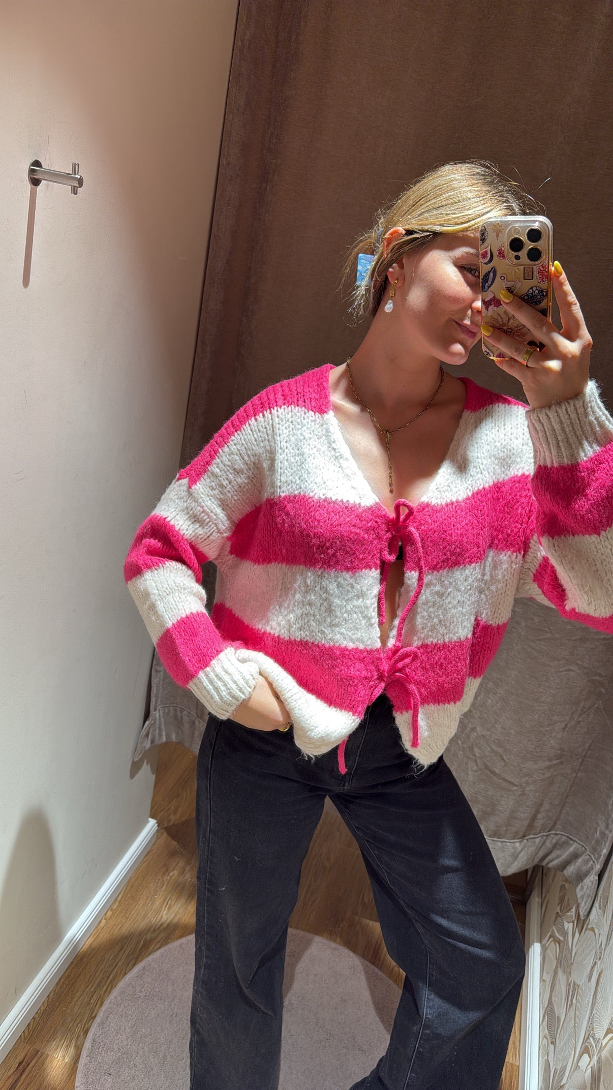 Schleifencardigan mit Streifen Pink