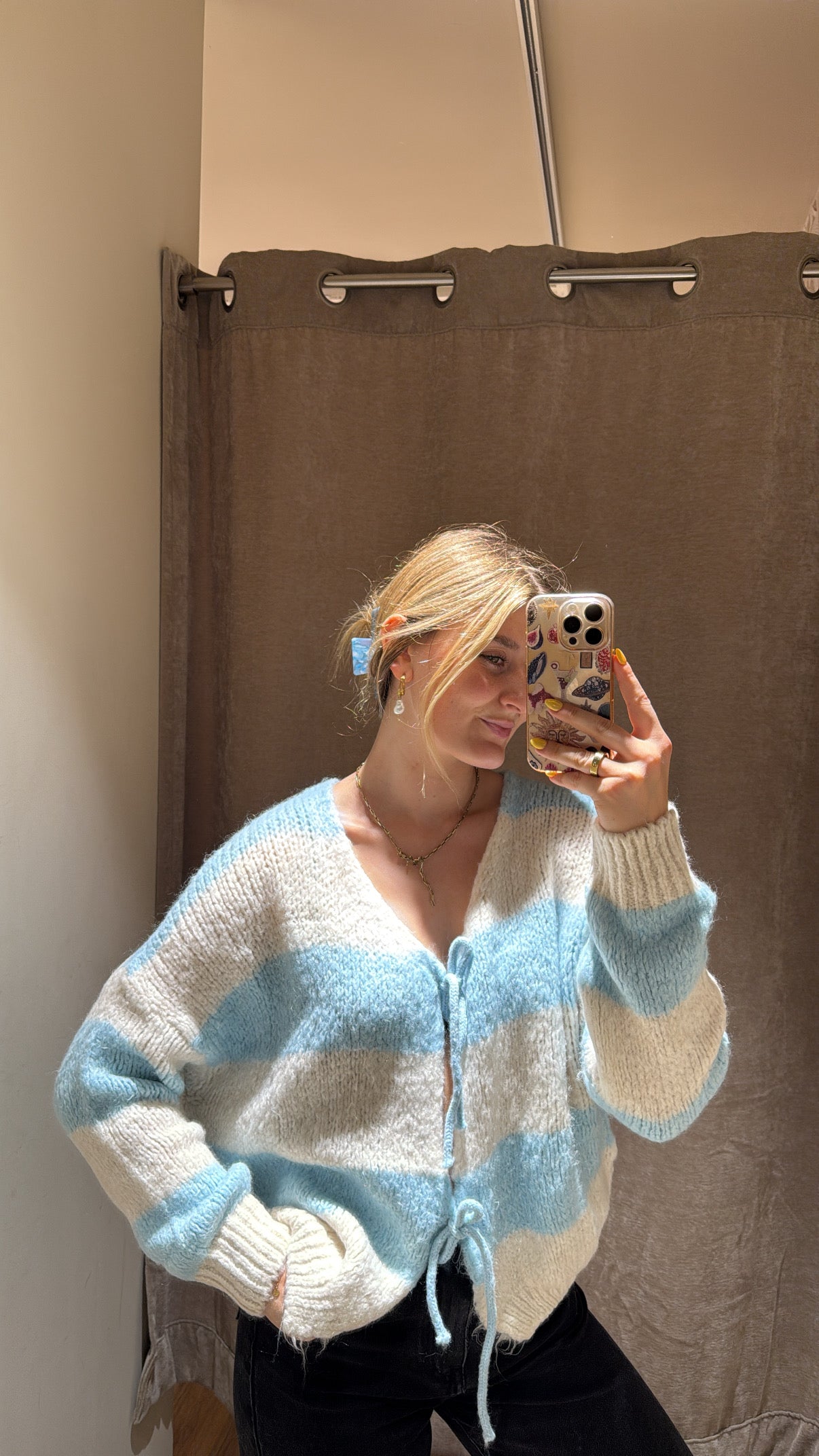 Schleifencardigan mit Streifen hellblau