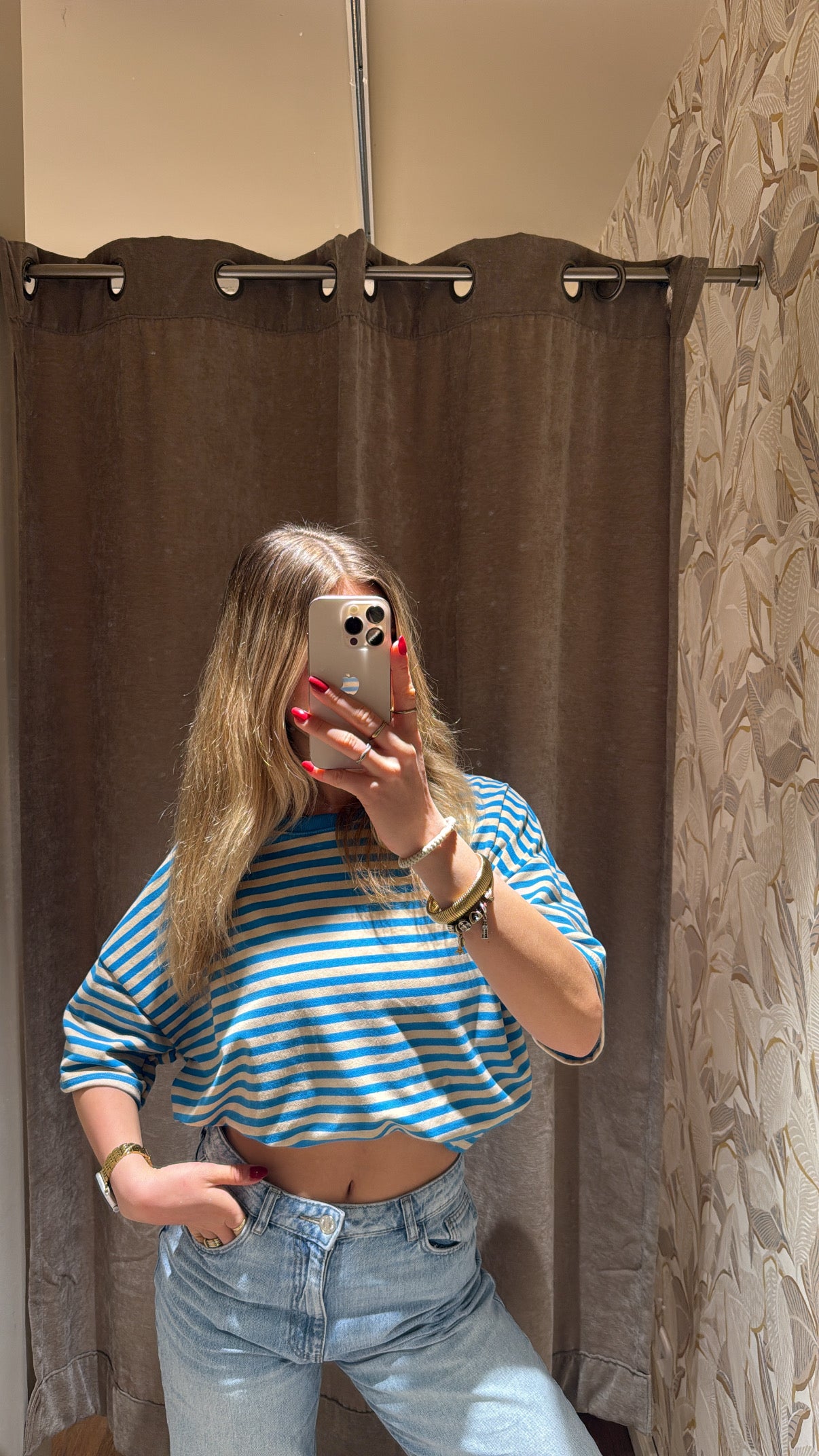 SHORT STRIPED COTTON TEE BLUE BEIGE