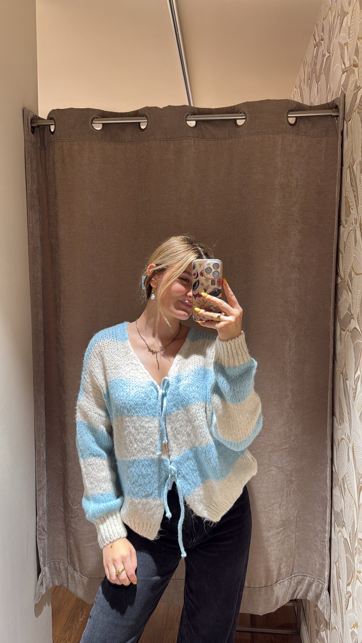 Schleifencardigan mit Streifen hellblau