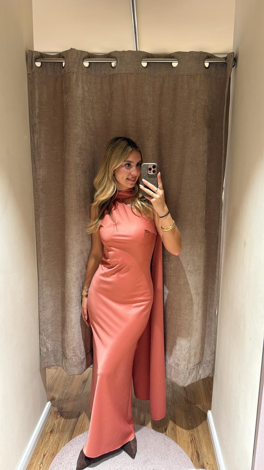 ASYMMETRISCHES KLEID MIT SCHAL DETAIL APRIKOT