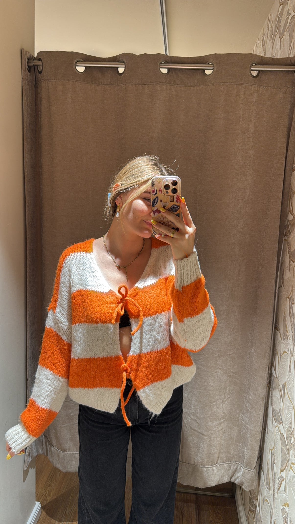 Schleifencardigan mit Streifen Orange