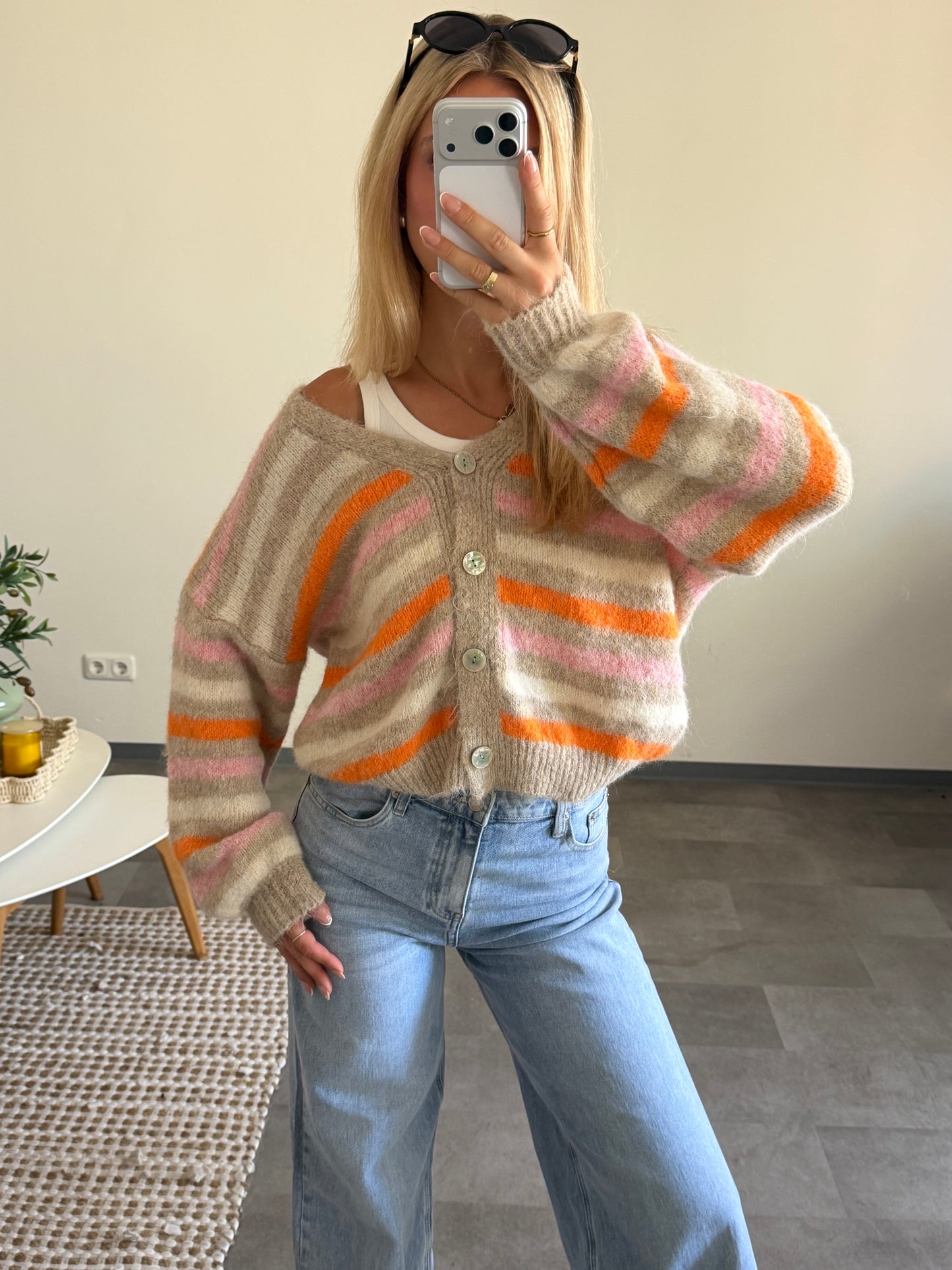 STRIPE BUTTON CARDIGAN AUTUMN ROSE