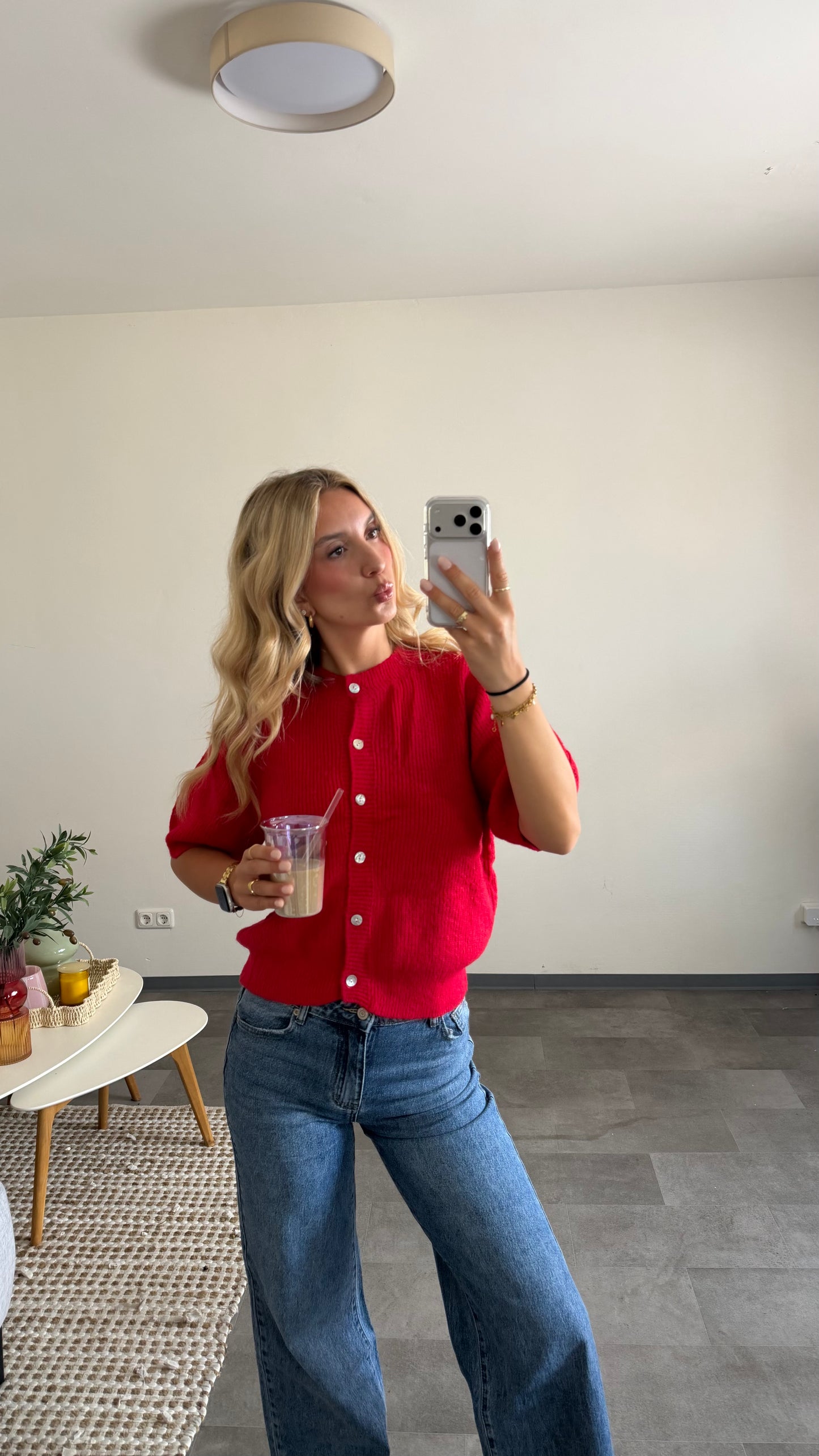 SHORT SLEEVE KNIT CARDIGAN RED