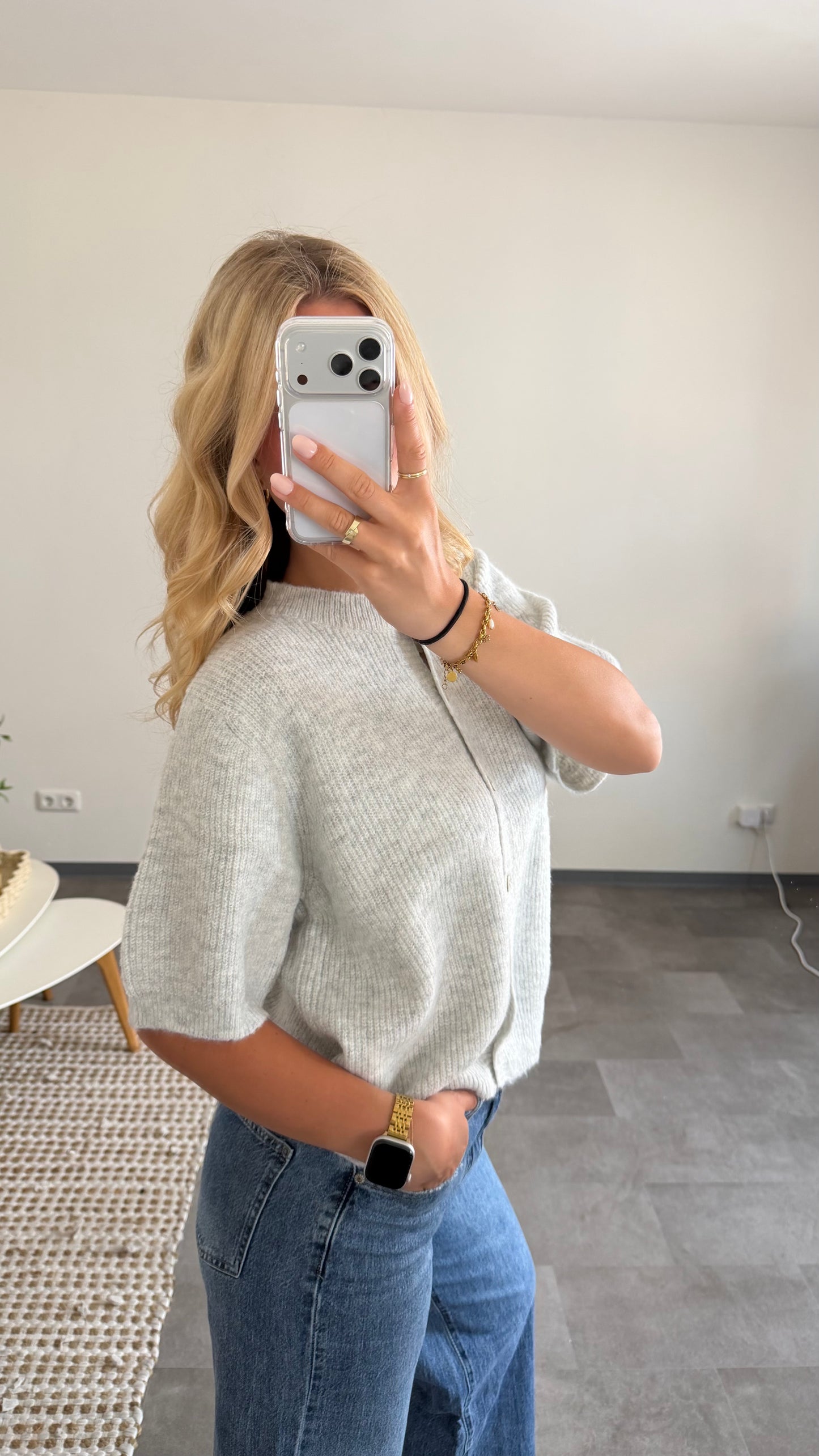 SHORT SLEEVE KNIT CARDIGAN GREY