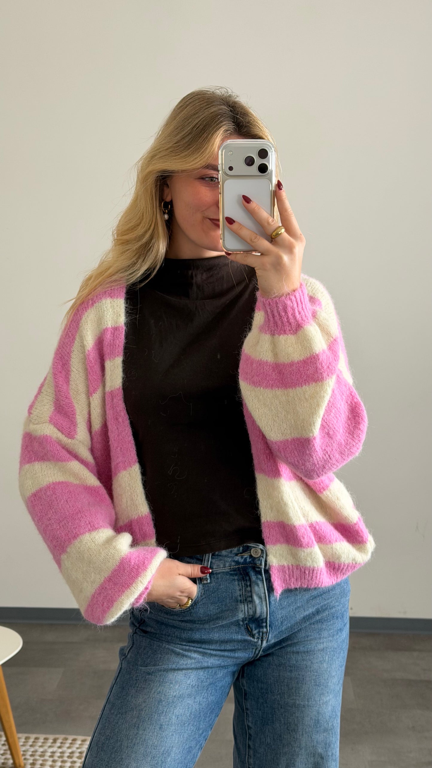 COMFY STRIPED CARDIGAN PINK VANILLA