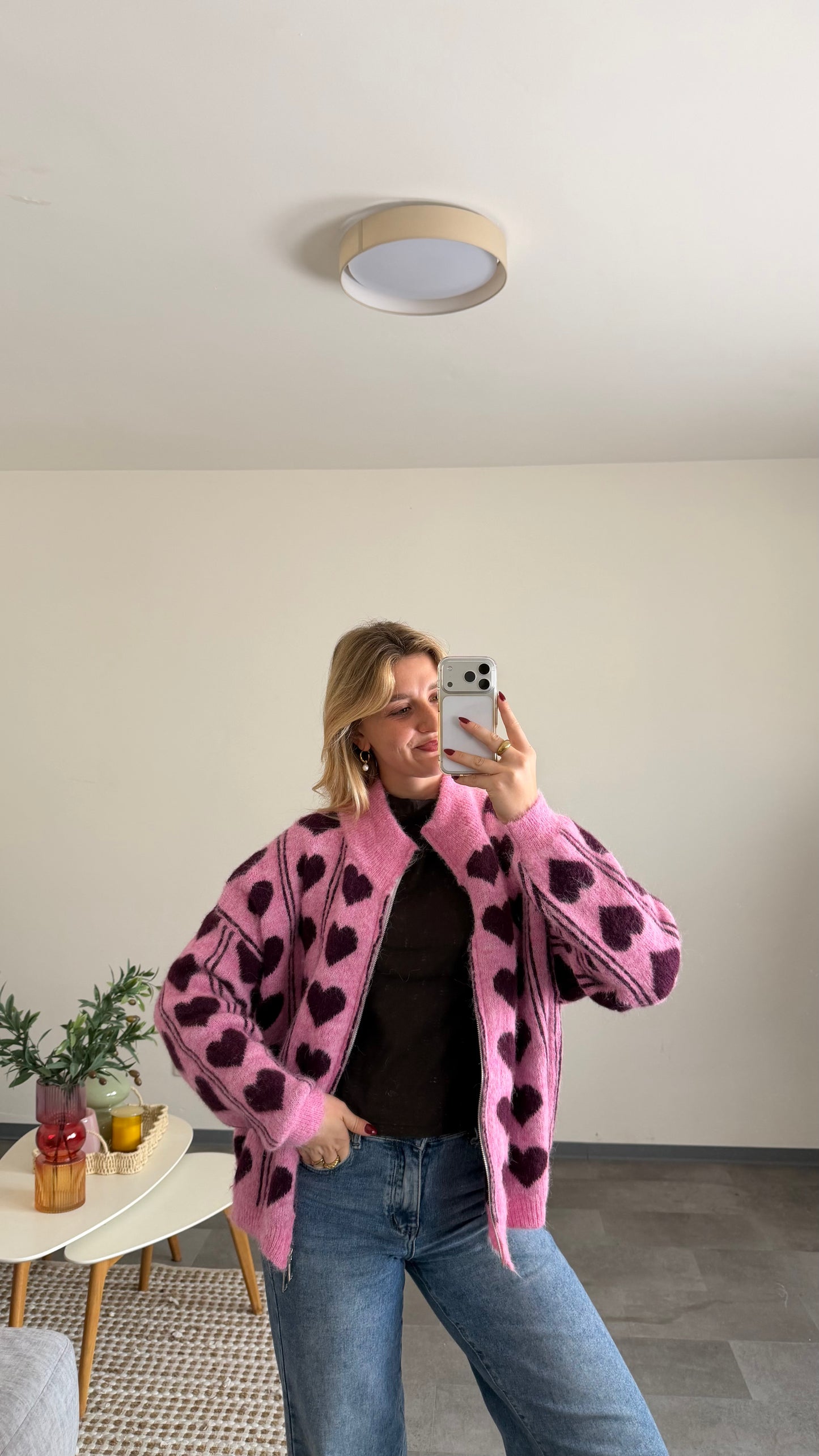 ZIP CARDIGAN HEART PINK BURGUNDY