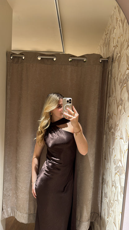 ASYMMETRISCHES KLEID MIT SCHAL DETAIL CHOCOLATE