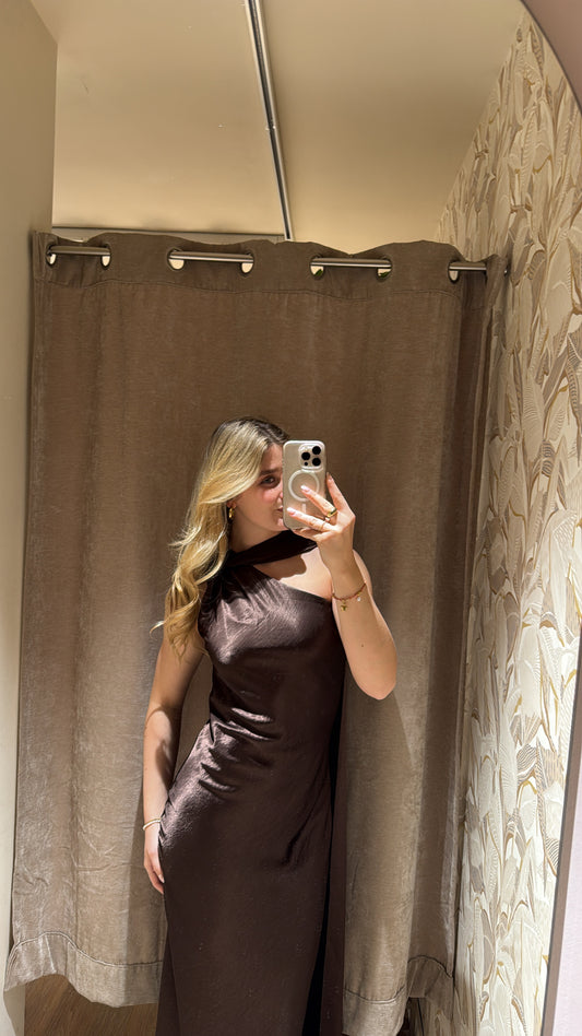ASYMMETRISCHES KLEID MIT SCHAL DETAIL CHOCOLATE