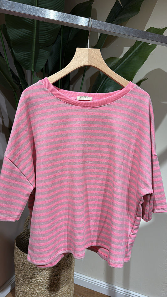 SHORT STRIPED COTTON TEE MIXED ROSA