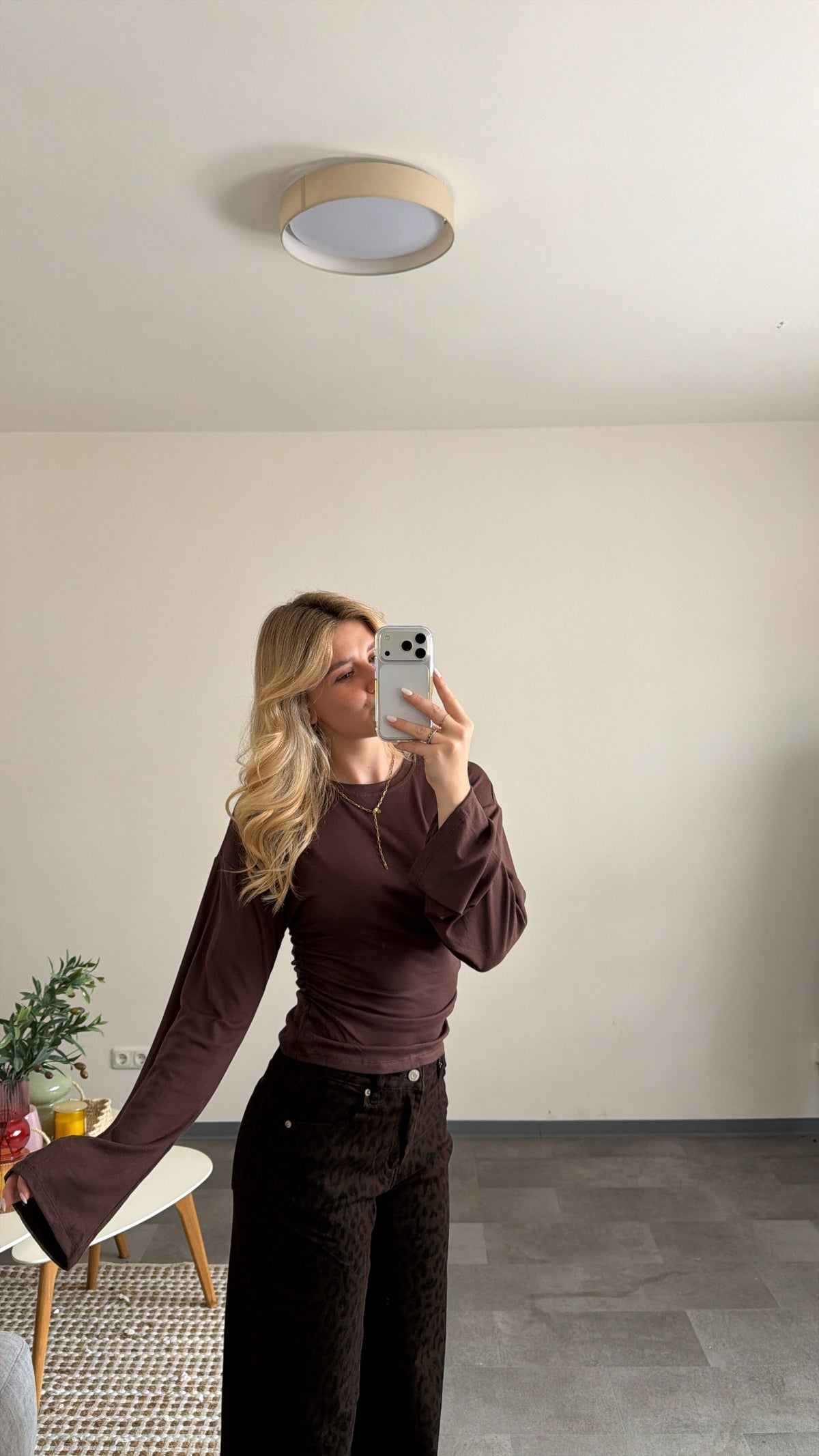 WAIST LONG TOP BROWN
