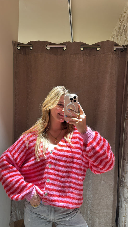 STRIPED CARDIGAN ROSA ROT