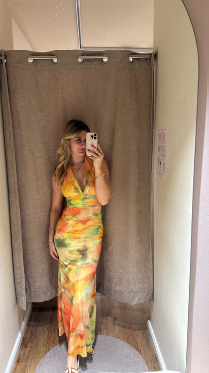 NECKHOLDER SUNSET MESH DRESS GELB