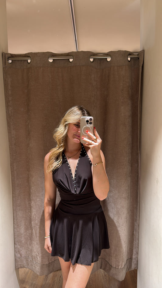 NECKHOLDER STUDDED MINI DRESS SCHOKOBRAUN