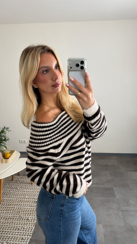 OFF-SHOULDER STRIPED PULLOVER CHOCLATE CREAM