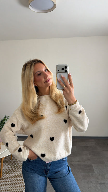HEART KNIT PULLOVER BEIGE CHOCLATE