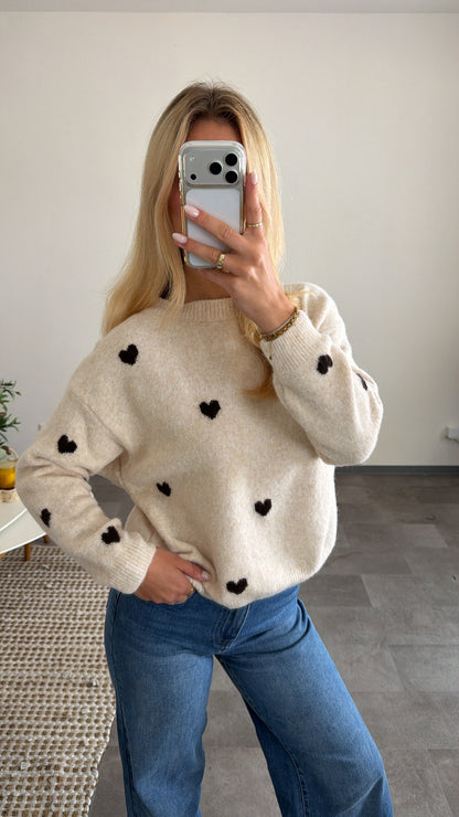 HEART KNIT PULLOVER BEIGE CHOCLATE