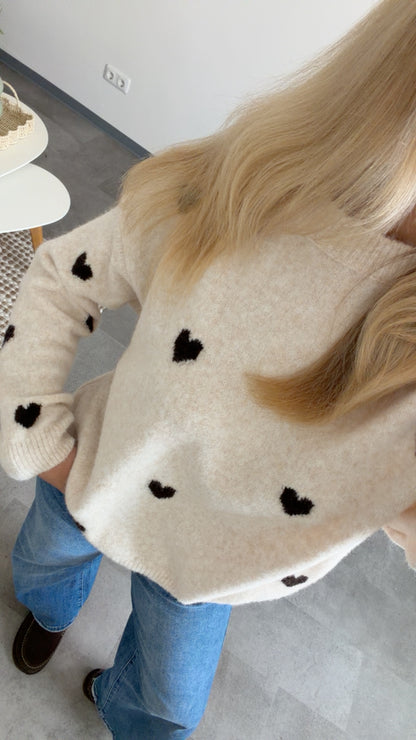 HEART KNIT PULLOVER BEIGE CHOCLATE