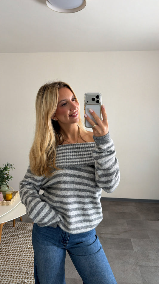 OFF-SHOULDER STRIPED PULLOVER GREY
