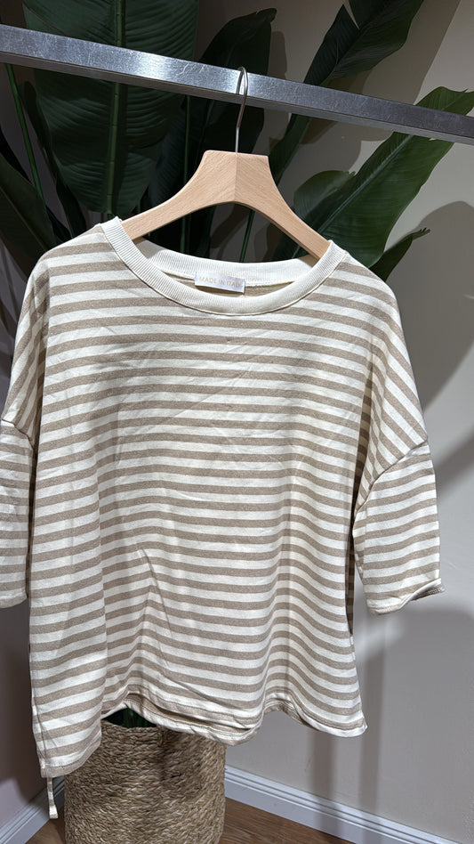 SHORT STRIPED COTTON TEE MIXED BEIGE DARK
