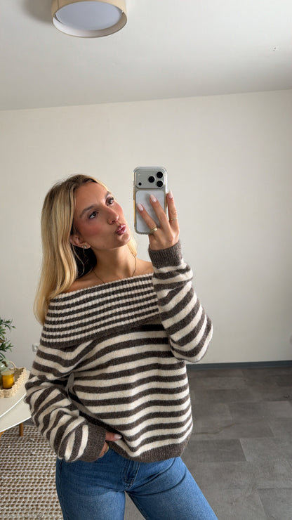 OFF-SHOULDER STRIPED PULLOVER MOCCA CREAM