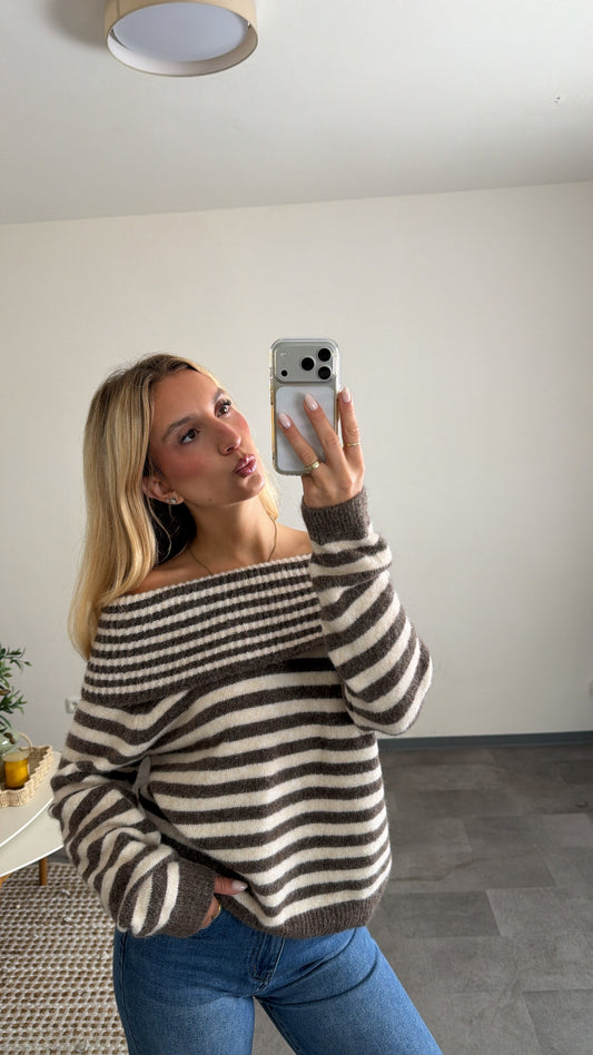 OFF-SHOULDER STRIPED PULLOVER MOCCA CREAM