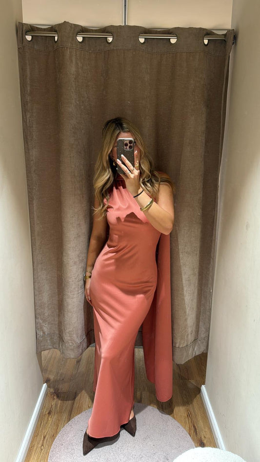 ASYMMETRISCHES KLEID MIT SCHAL DETAIL APRIKOT