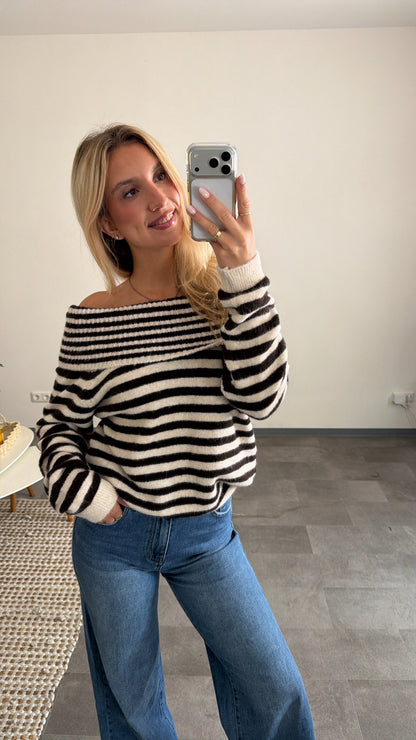OFF-SHOULDER STRIPED PULLOVER CHOCLATE CREAM