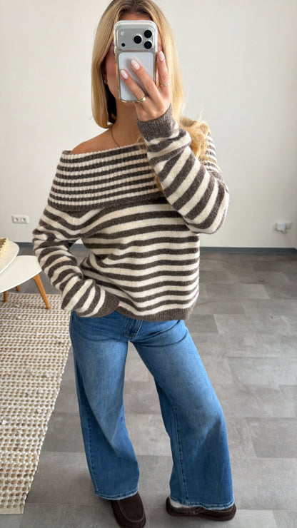OFF-SHOULDER STRIPED PULLOVER MOCCA CREAM
