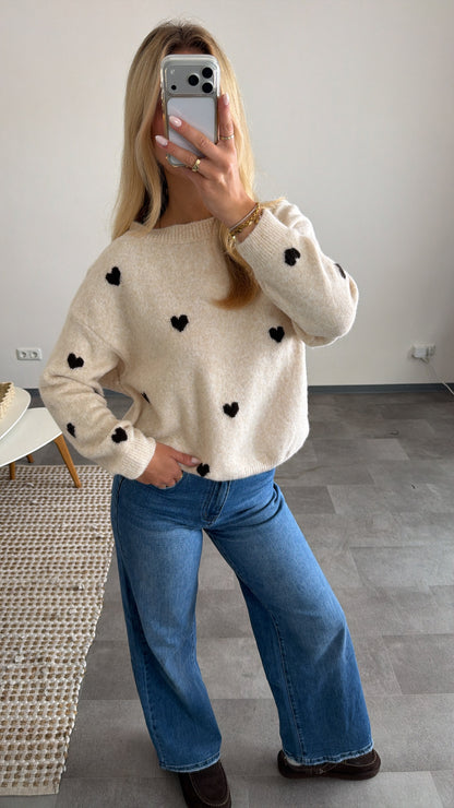 HEART KNIT PULLOVER BEIGE CHOCLATE