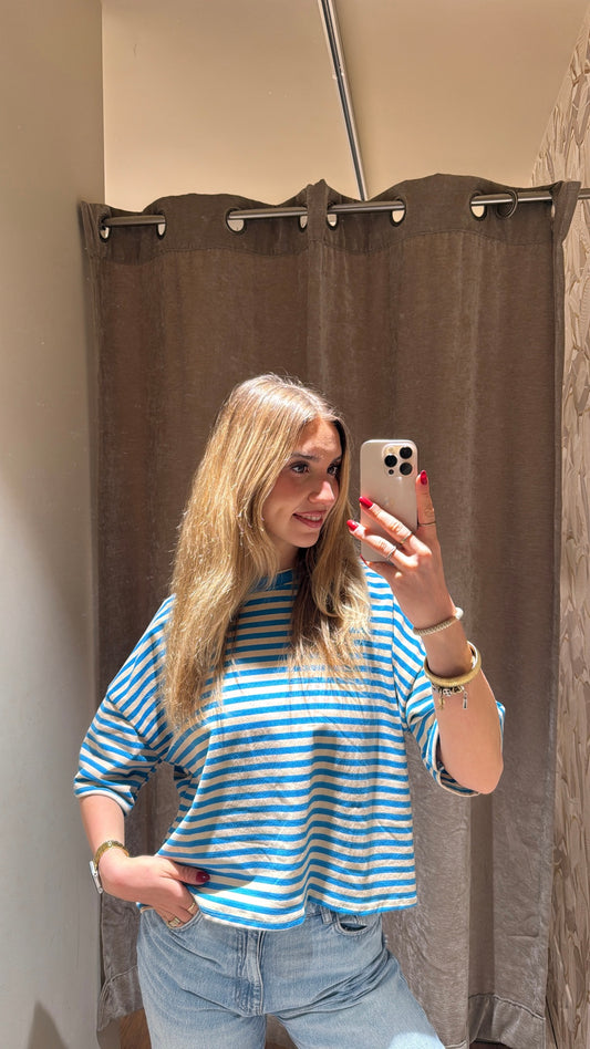 SHORT STRIPED COTTON TEE BLUE BEIGE