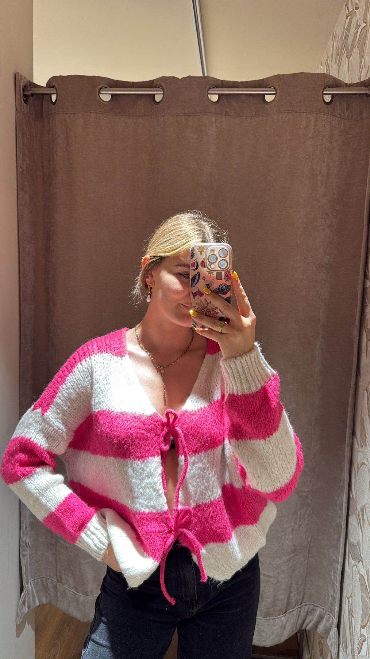 Schleifencardigan mit Streifen Pink