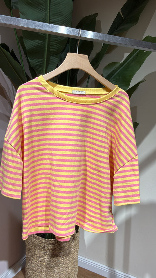 SHORT STRIPED COTTON TEE DARK PINK YELLOW