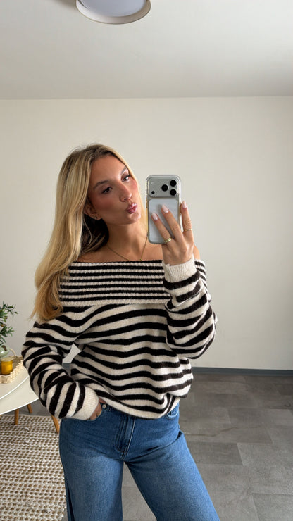 OFF-SHOULDER STRIPED PULLOVER CHOCLATE CREAM