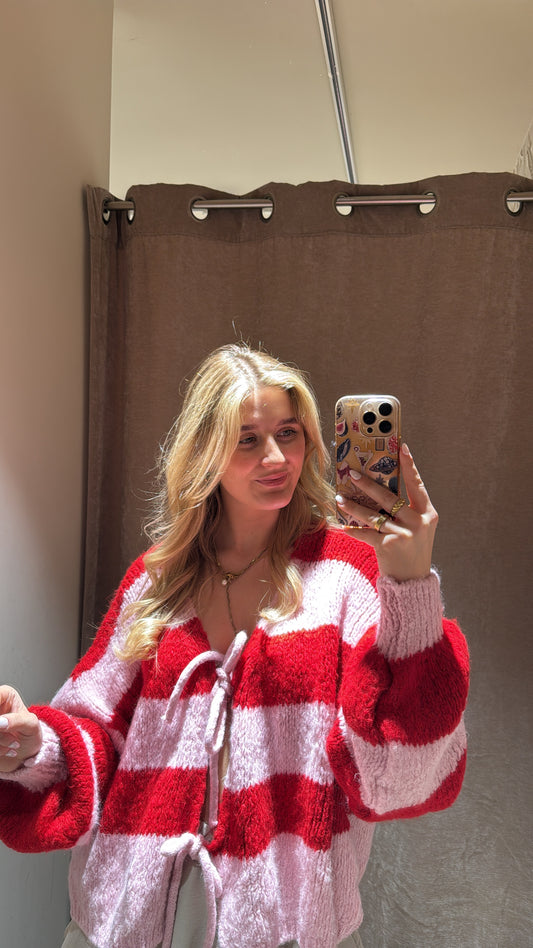 Striped Cardigan mit Schleifen rosa rot