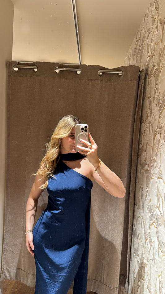 ASYMMETRISCHES KLEID MIT SCHAL DETAIL MARINE