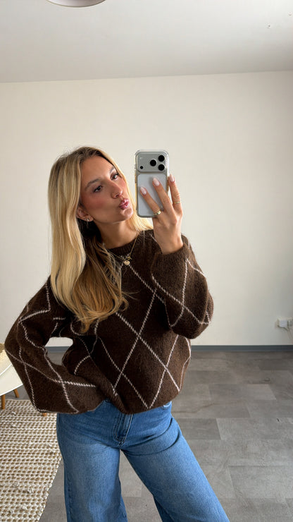 ARGYLE KNIT SWEATER CHOCLATE CREAM