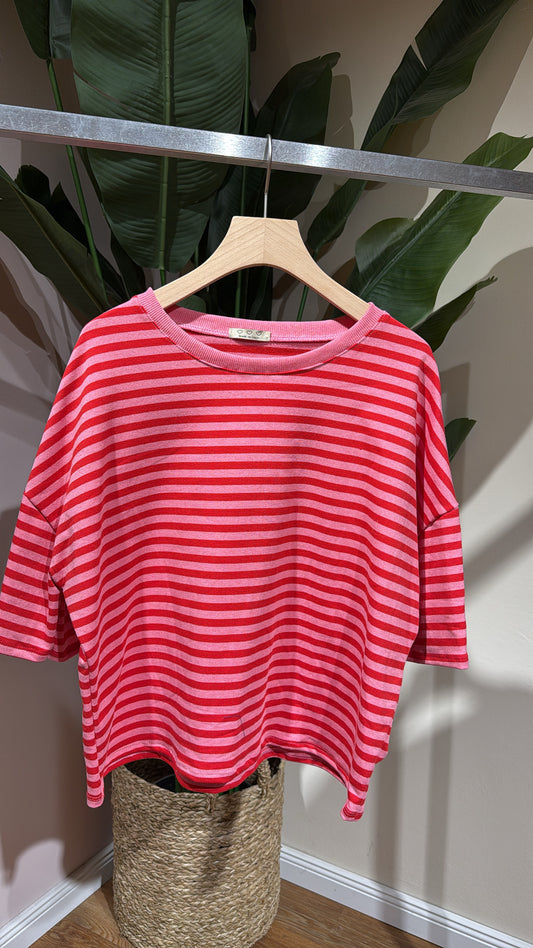 SHORT STRIPED COTTON TEE PINK RED