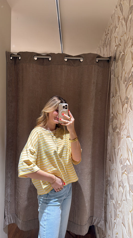 SHORT STRIPED COTTON TEE YELLOW