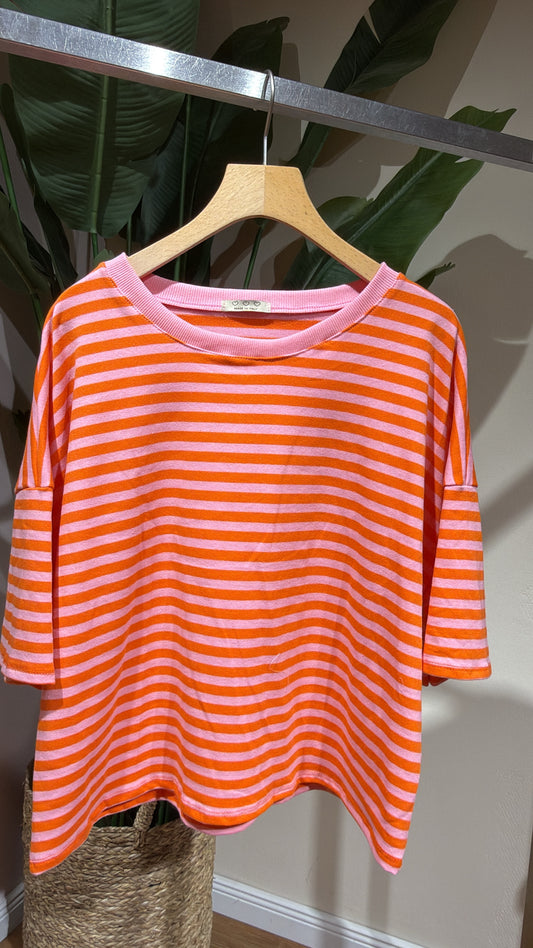 SHORT STRIPED COTTON TEE ROSA ORANGE
