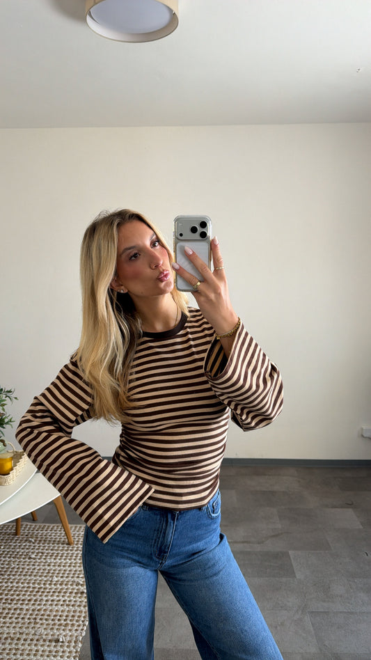 STIPED WAIST LONG TOP BROWN
