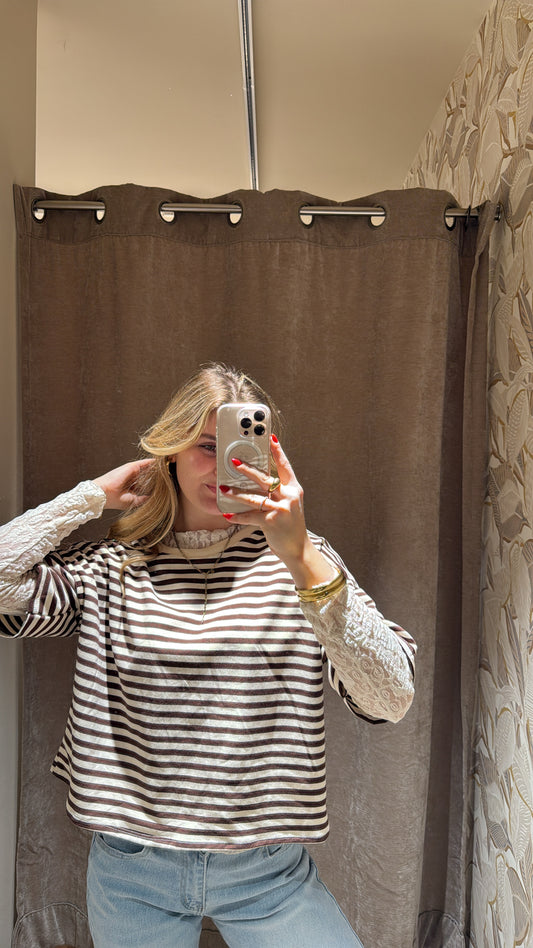 SHORT STRIPED COTTON TEE CHOCOLATE