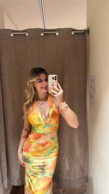NECKHOLDER SUNSET MESH DRESS GELB