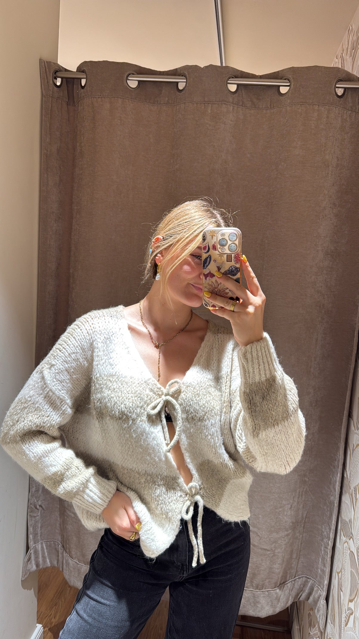 Schleifencardigan mit Streifen beige