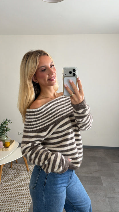 OFF-SHOULDER STRIPED PULLOVER MOCCA CREAM