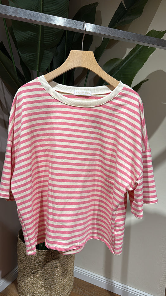 SHORT STRIPED COTTON TEE DARK ROSA