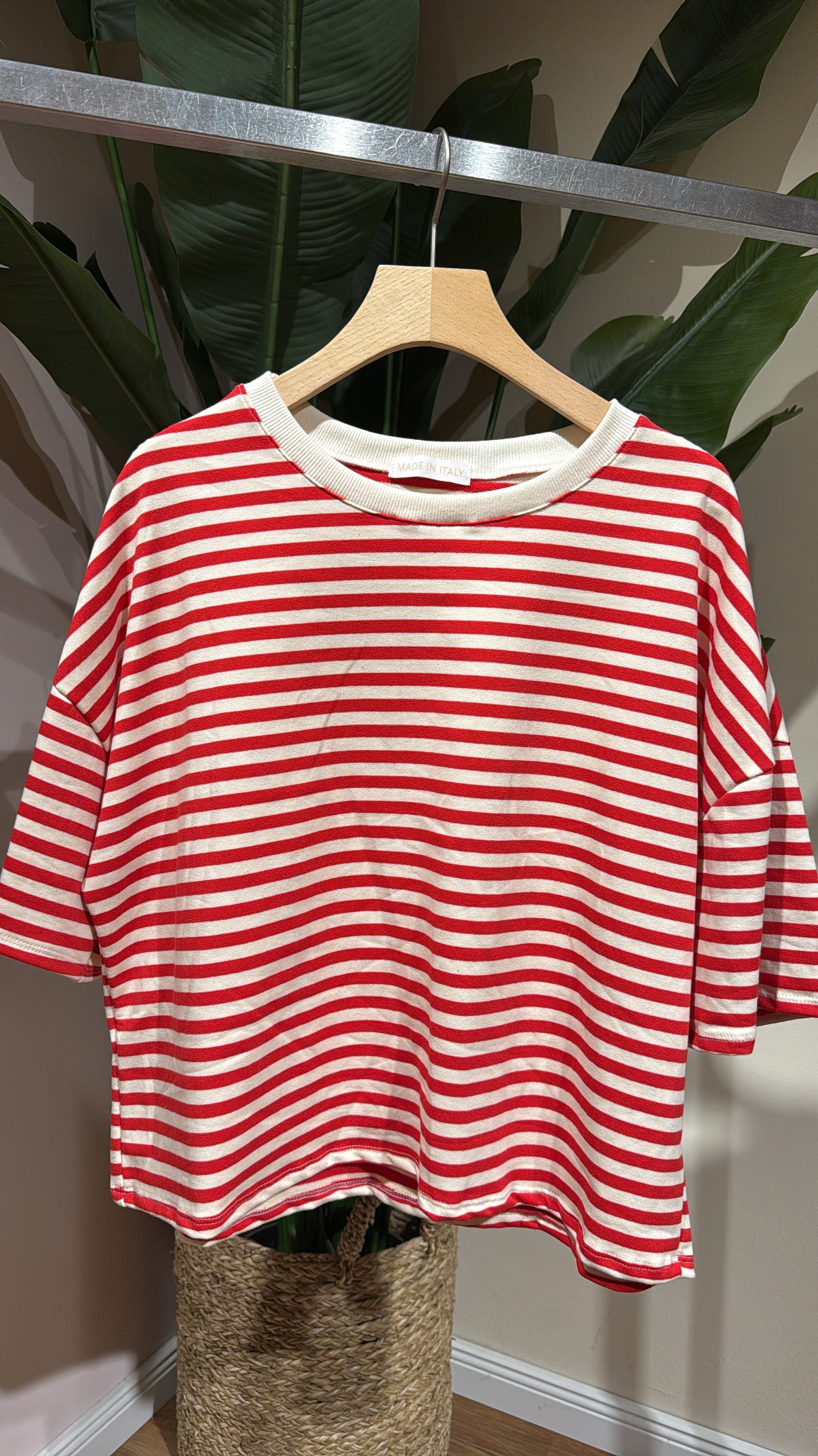 SHORT STRIPED COTTON TEE RED BEIGE