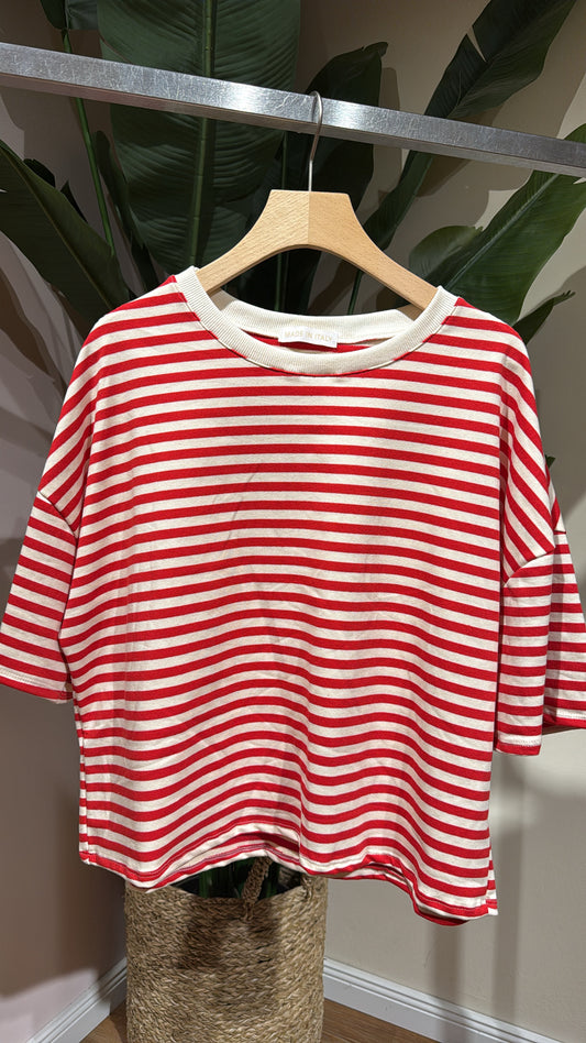 SHORT STRIPED COTTON TEE RED BEIGE