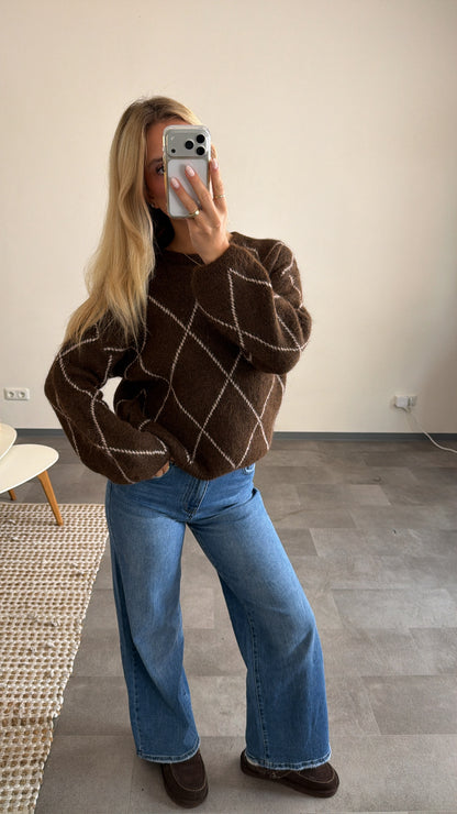 ARGYLE KNIT SWEATER CHOCLATE CREAM